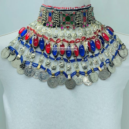 Vintage Red and Blue Coins Choker Necklace