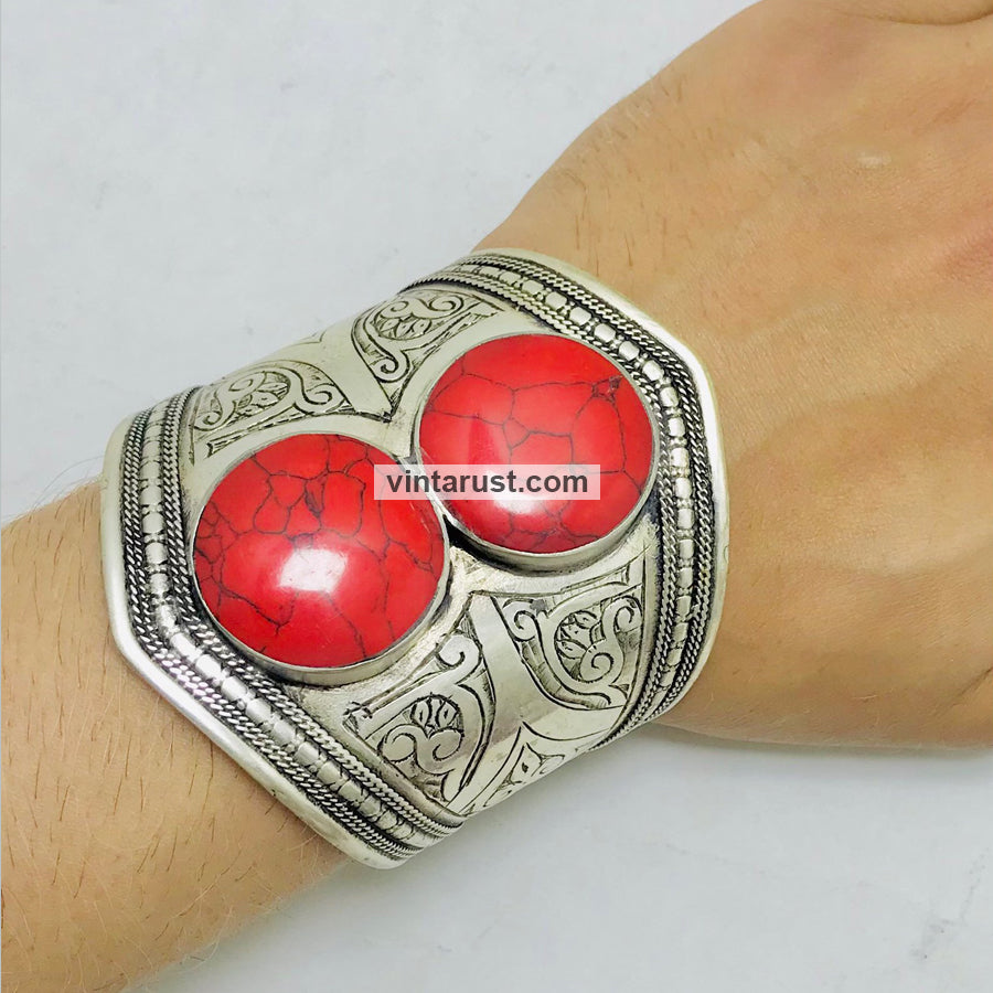 Vintage Red Coral Gemstone Adjustable Bracelet