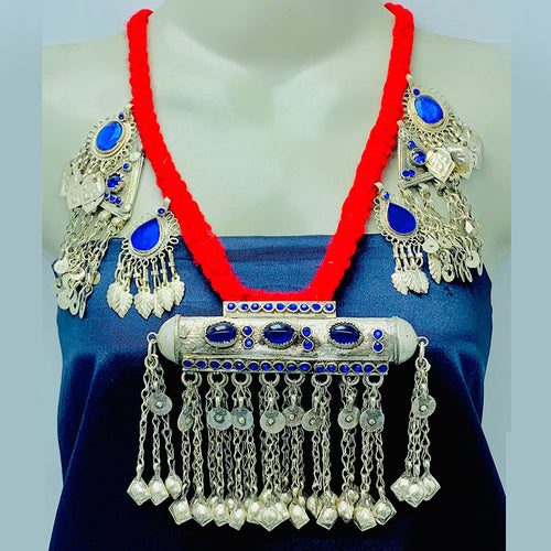 Vintage Red Necklace With Dangling Silver Motifs