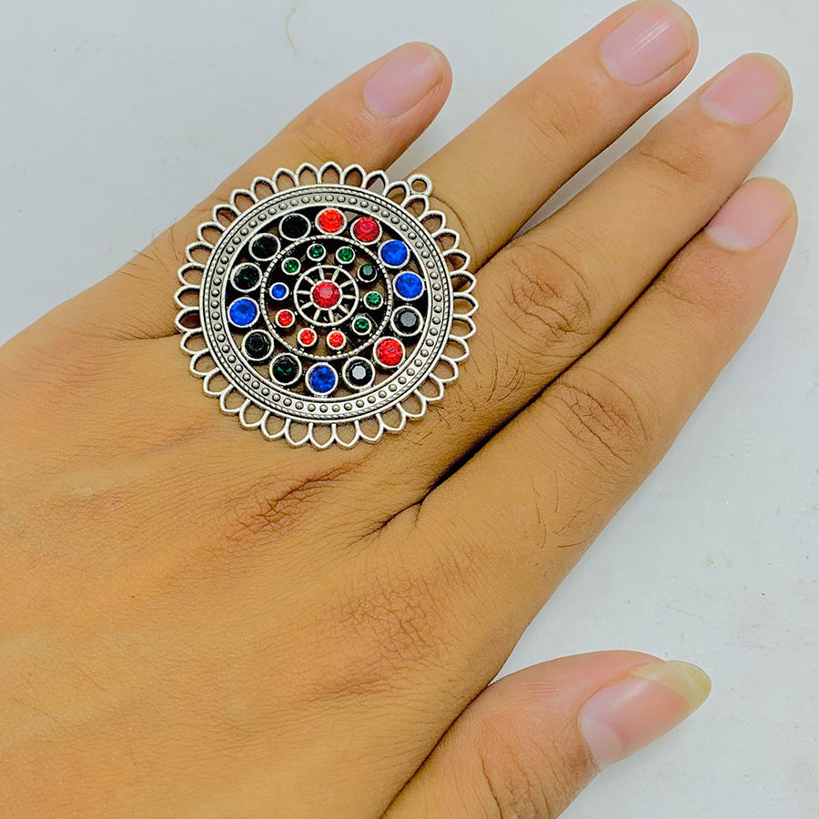 Vintage Silver Color Big Multicolor Stone Ring