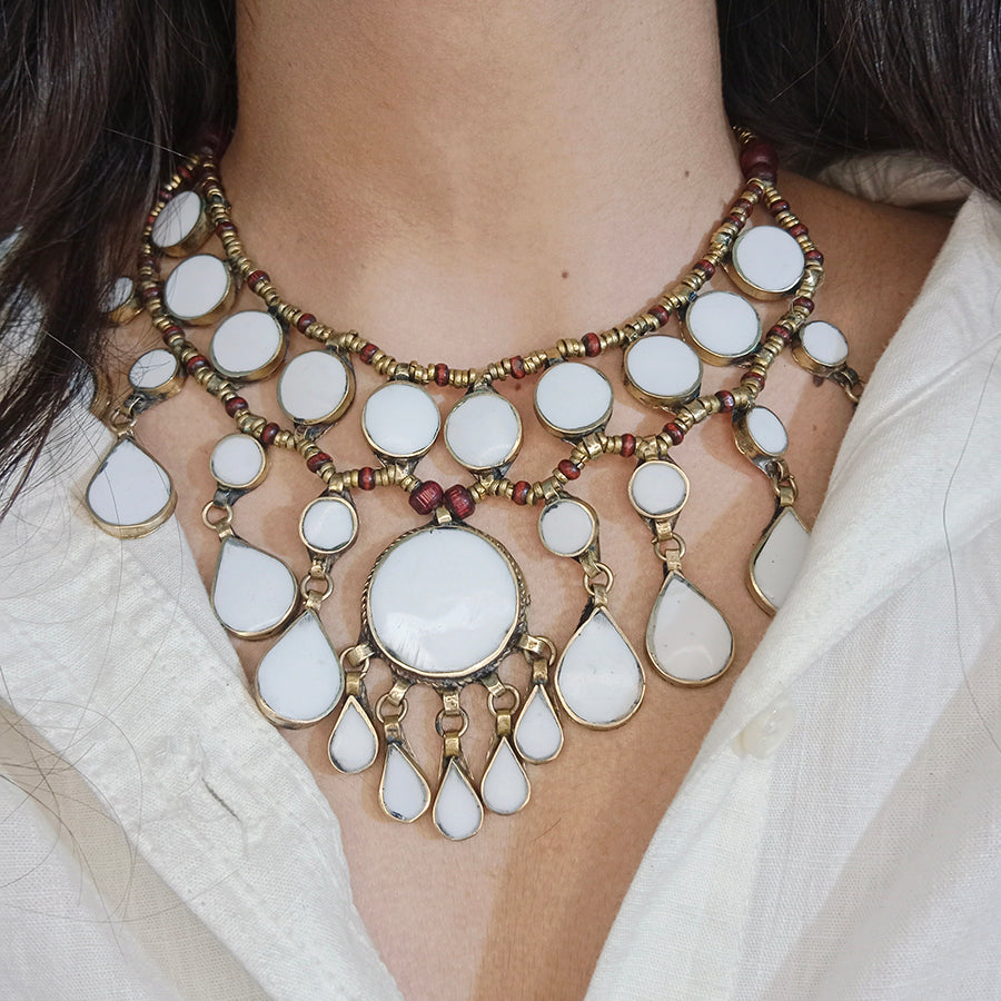 Vintage Tribal White Stone Bib Necklace