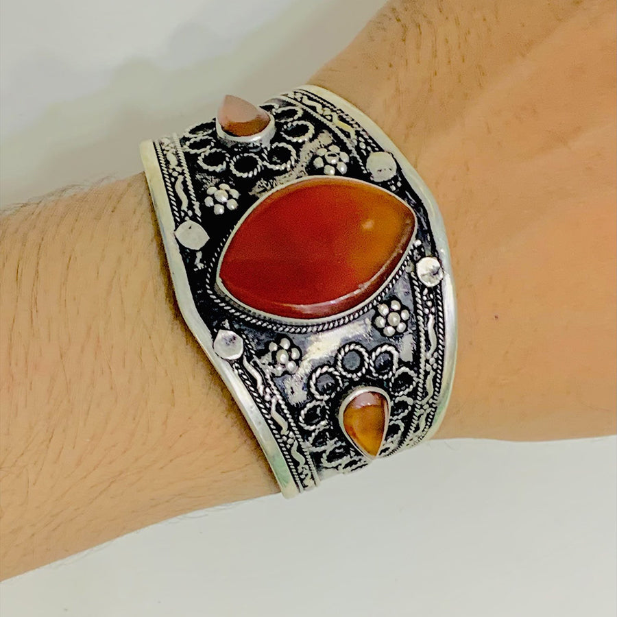 Vintage Turkmen Carnelian Stone Cuff Bracelet