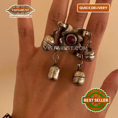 Vintage Turkmen Ring With Glass Stone and Bells