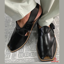Load image into Gallery viewer, Black Shinny Leather Peshawari Chappal
