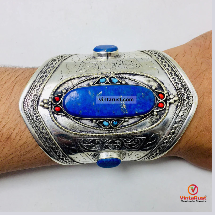 Blue Lapis Stone Cuff Bracelet With Beads