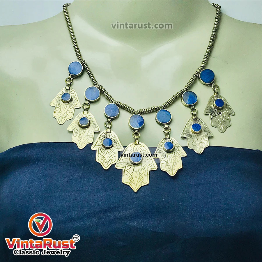 Handmade Lapis Choker Necklace With Dangling Silver Tassels