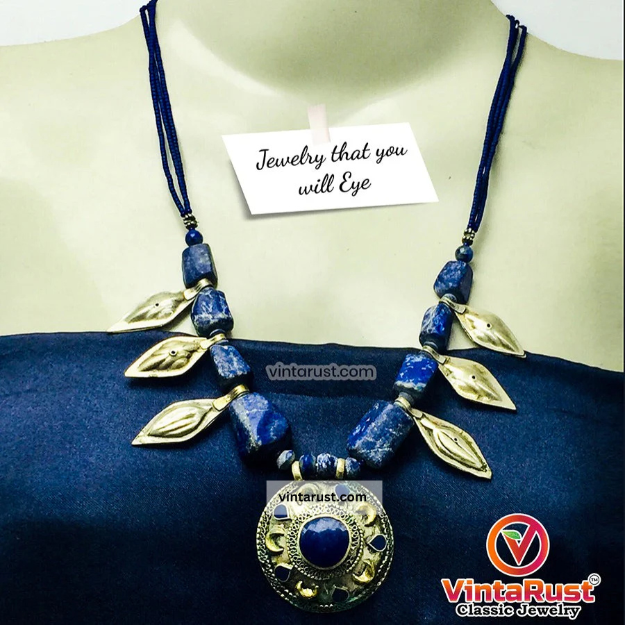 Tribal Lapis Stone Beaded Vintage Necklace