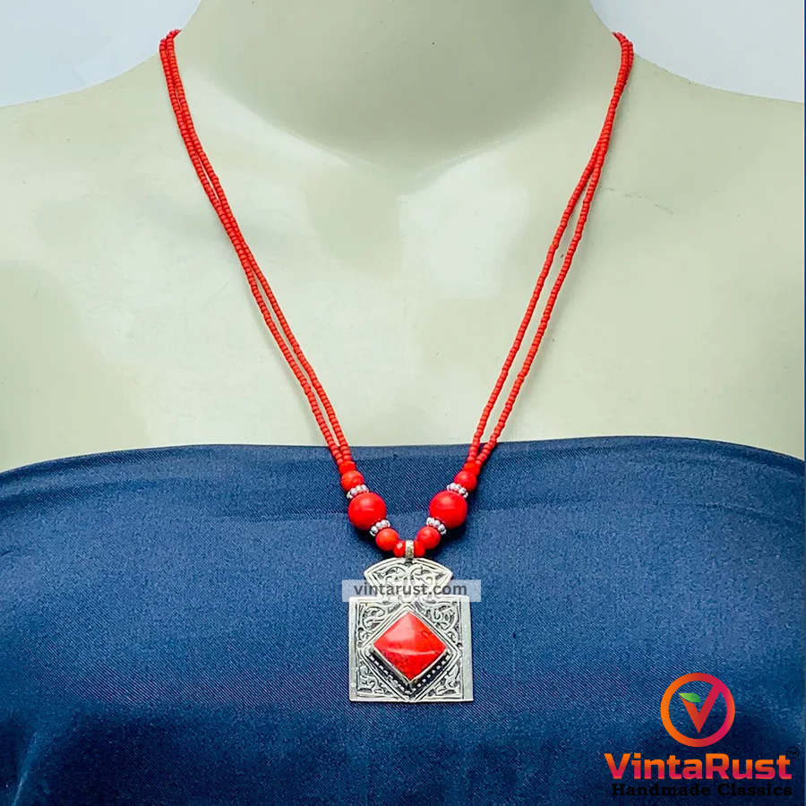 Tibetan Style Red Coral Statement Necklace