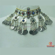 Load image into Gallery viewer, Vintage Dangling Coins Necklace With Green and Red Glass Stones
