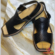 Load image into Gallery viewer, Black Leather Tribal Peshawari Chappal
