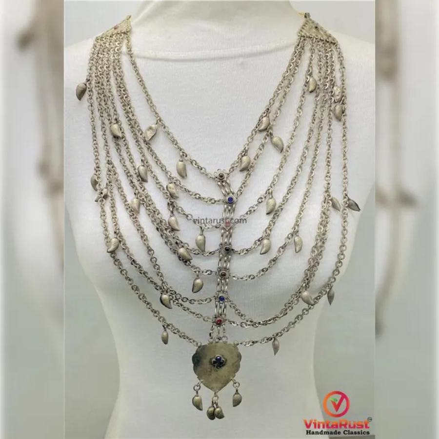Multi-Layer Silver Tone Bib Necklace: Bohemian Belly Dance Chain Necklace