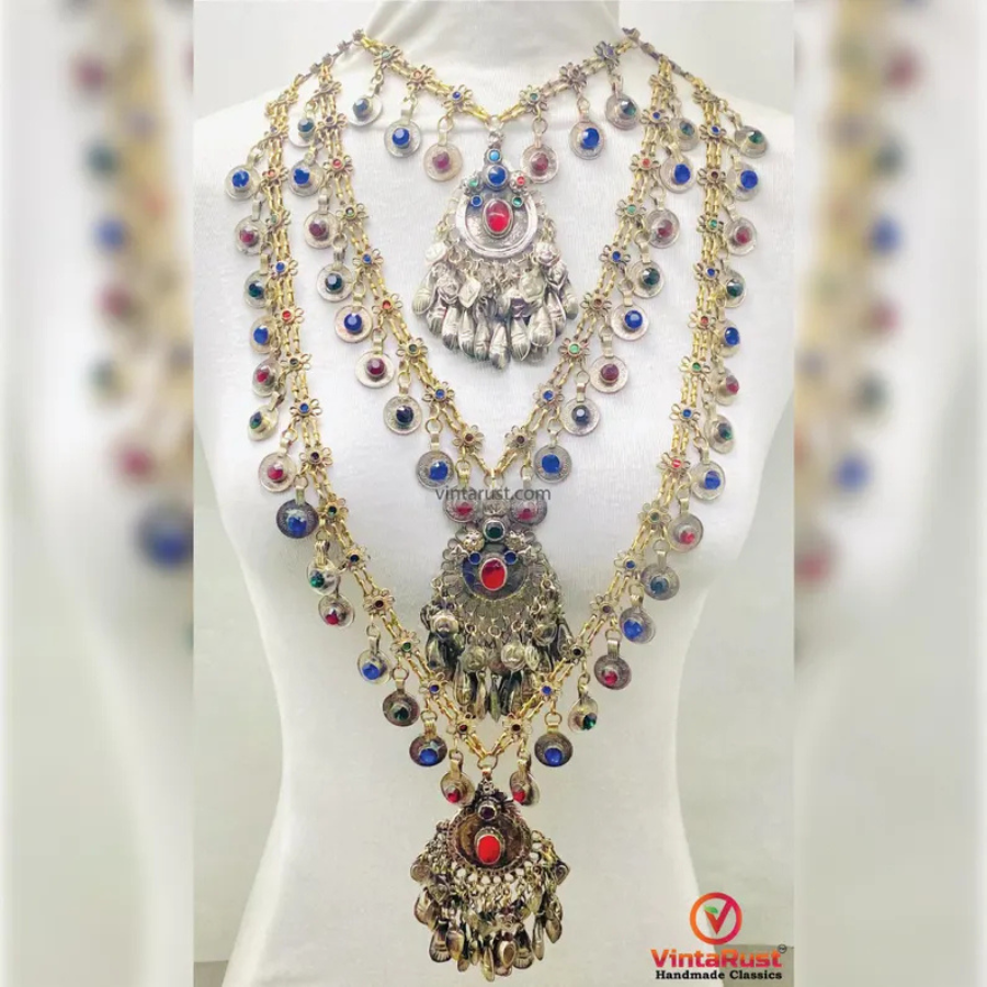 Long Layered Tribal Necklace with Coins & Stones