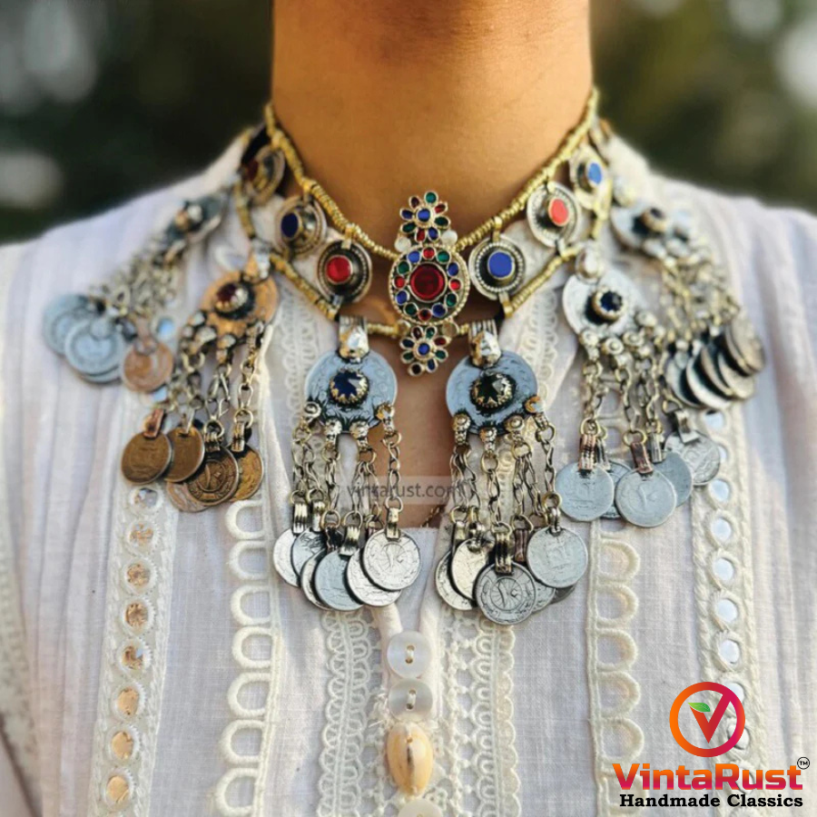 Vintage Dangling Coins Necklace With Green and Red Glass Stones