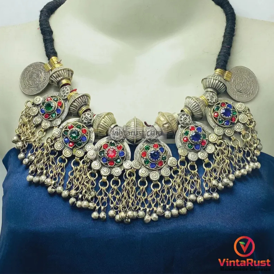 Multicolor Gypsy Tribal Choker with Dangles & Chains