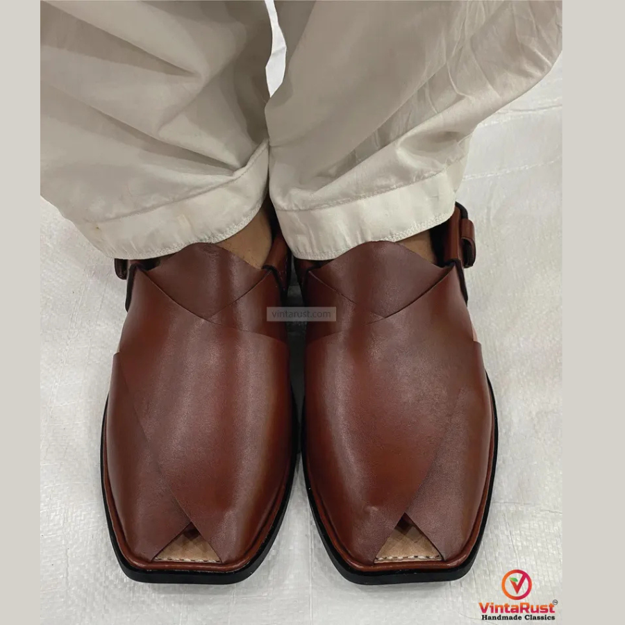Men’s Brown Leather Peshawari Sandals: Comfortable Casual Footwear