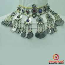 Load image into Gallery viewer, Vintage Dangling Coins Necklace With Green and Red Glass Stones
