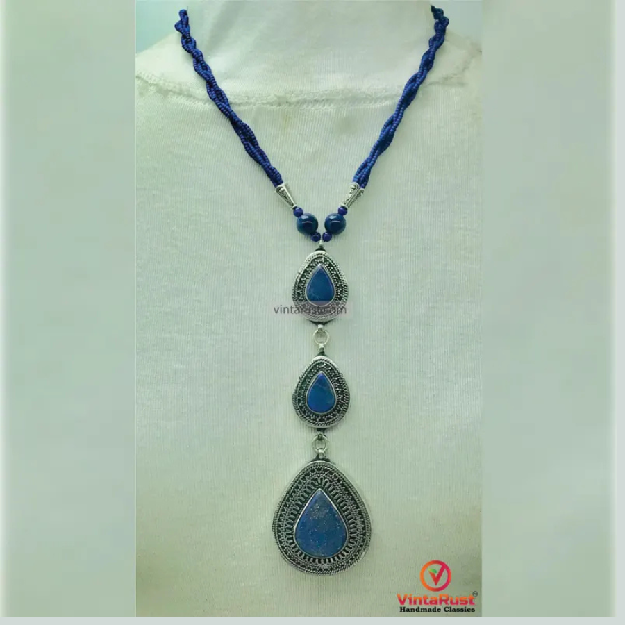 Bohemian Lapis Lazuli Stone Teardrop Pendant Necklace