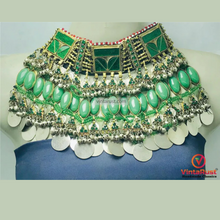 Load image into Gallery viewer, Antique Green Stone Afghan Necklace: Silver Kuchi Tribal Boho Statement
