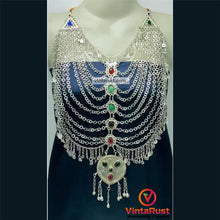 Load image into Gallery viewer, Tribal Silver Kuchi Bib Necklace With Glass Stones
