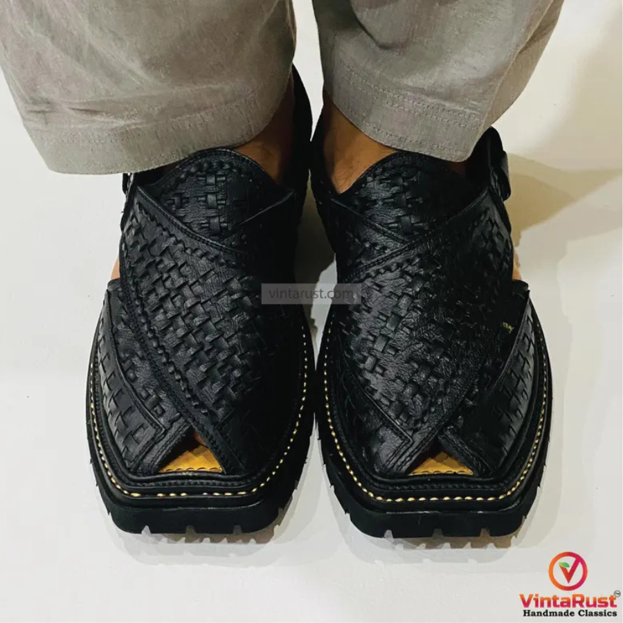 Black Men Peshawari Chappal ,Stylish Unique Design Woven Gents Sandals