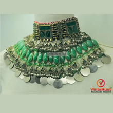 Load image into Gallery viewer, Antique Green Stone Afghan Necklace: Silver Kuchi Tribal Boho Statement

