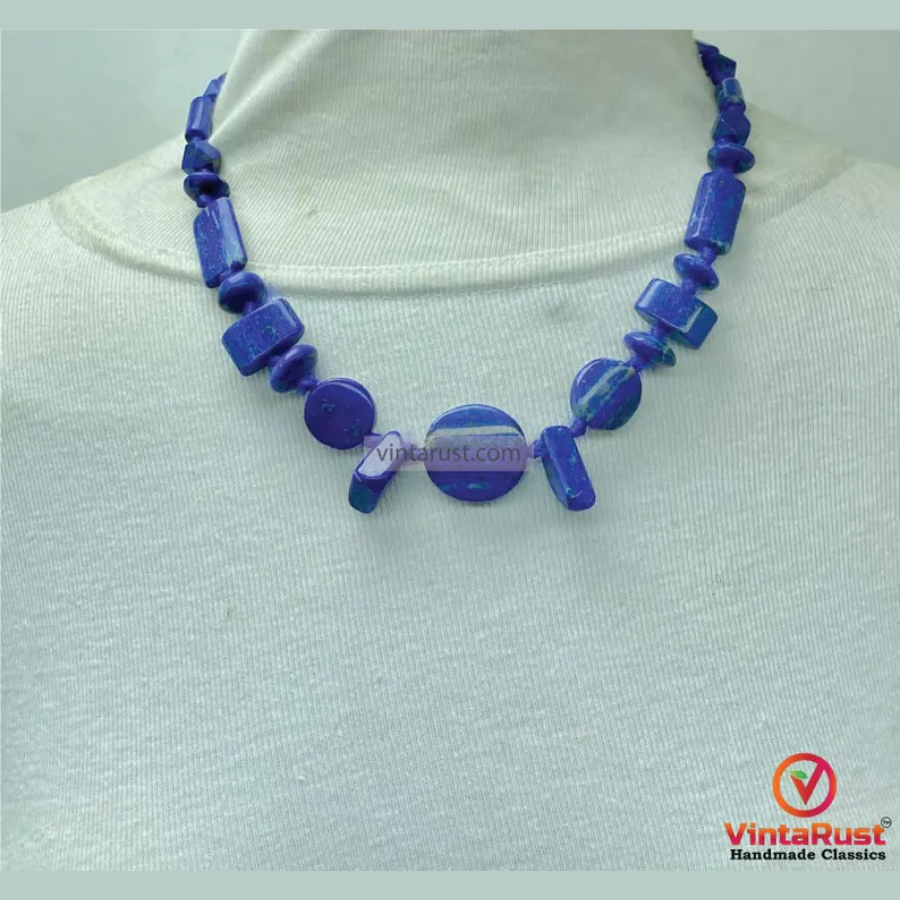 Natural Lapis Lazuli Beaded Necklace: Handmade Tribal Style Blue Gemstone Jewelry