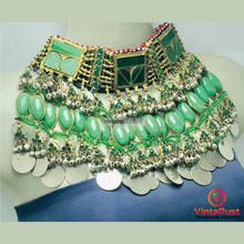 Load image into Gallery viewer, Antique Green Stone Afghan Necklace: Silver Kuchi Tribal Boho Statement
