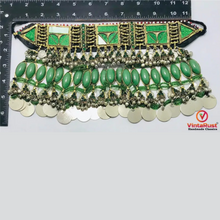 Load image into Gallery viewer, Antique Green Stone Afghan Necklace: Silver Kuchi Tribal Boho Statement
