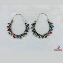 Load image into Gallery viewer, Vintage Oxidized Silver Hoop Earrings: Tribal Light Weight Hoop Earrings
