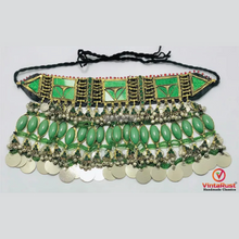 Load image into Gallery viewer, Antique Green Stone Afghan Necklace: Silver Kuchi Tribal Boho Statement
