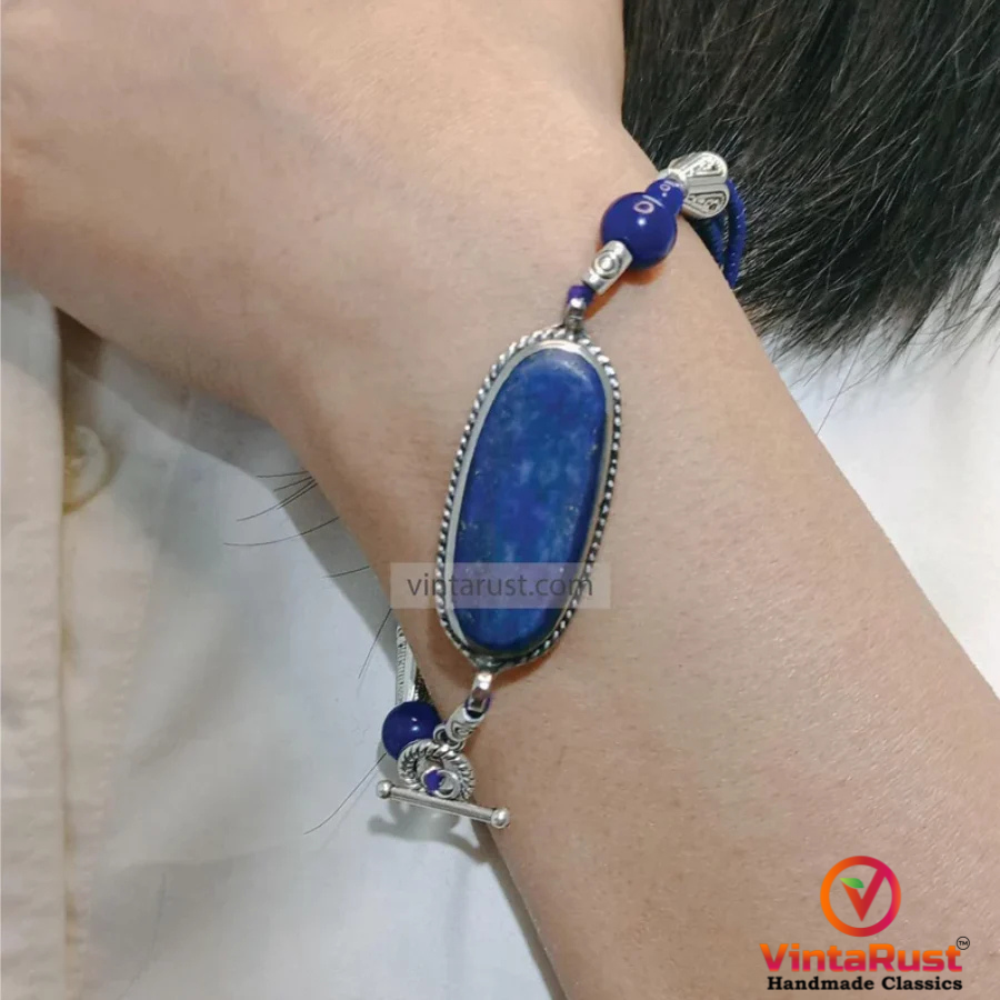 Lapis Lazuli Gemstone Bracelet, Handmade Beaded Chain