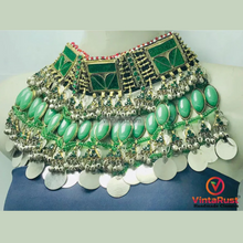 Load image into Gallery viewer, Antique Green Stone Afghan Necklace: Silver Kuchi Tribal Boho Statement
