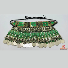 Load image into Gallery viewer, Antique Green Stone Afghan Necklace: Silver Kuchi Tribal Boho Statement
