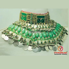 Load image into Gallery viewer, Antique Green Stone Afghan Necklace: Silver Kuchi Tribal Boho Statement
