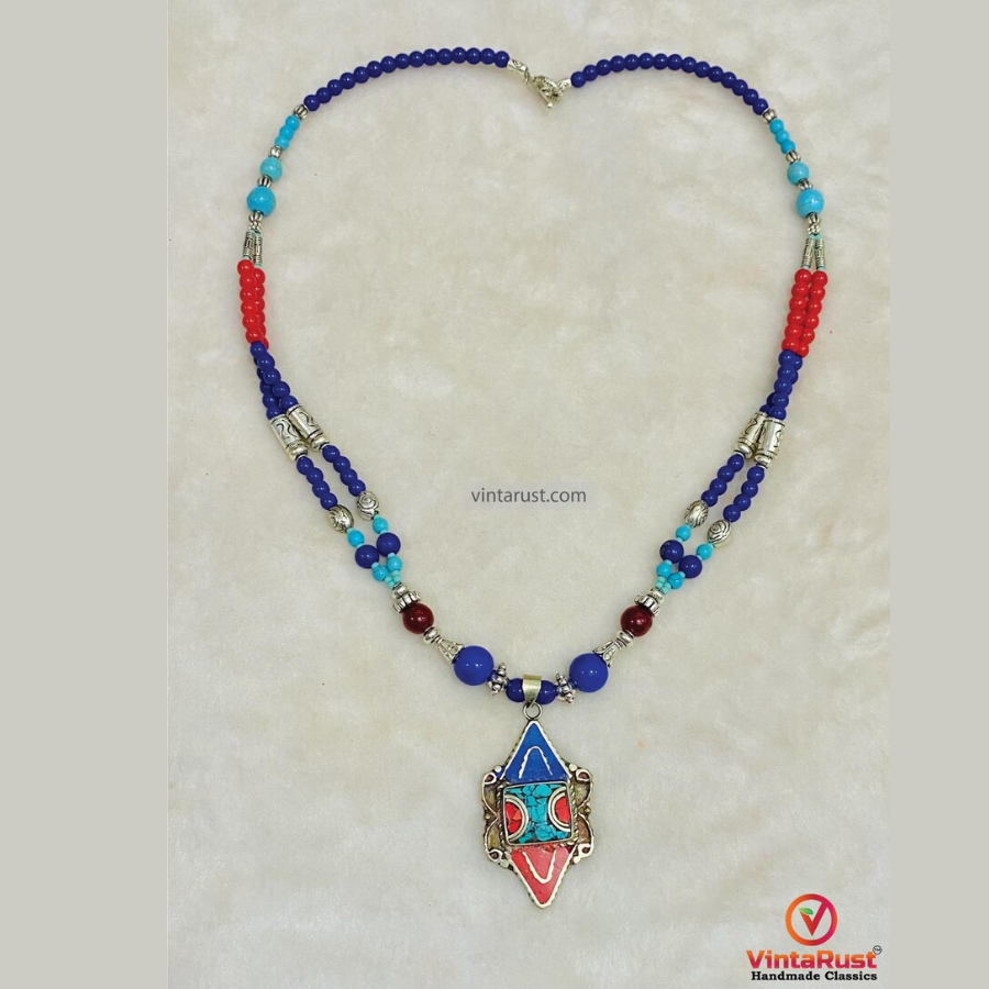 Tibetan Nepalese Pendant Necklace: Boho Tribal Jewelry with Beads & Stones