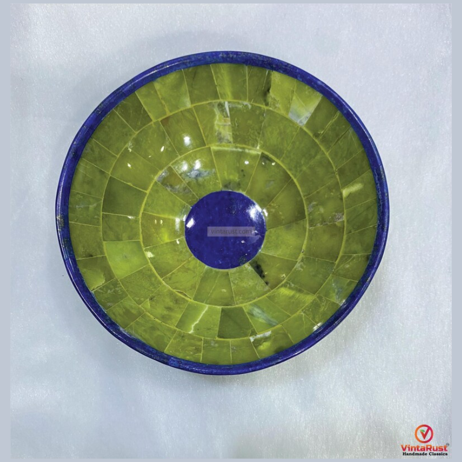 Handcrafted Lapis Lazuli and Green Jade Gemstone Bowl