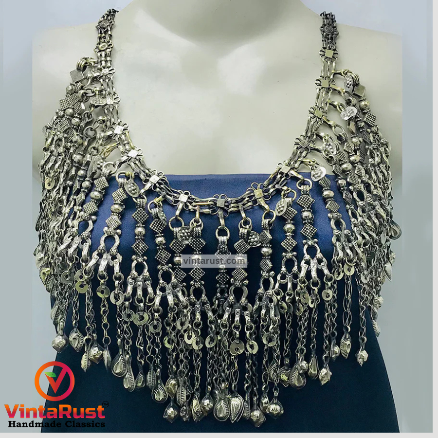 Silver Kuchi Oversized Dangling Tassels Bib Necklace