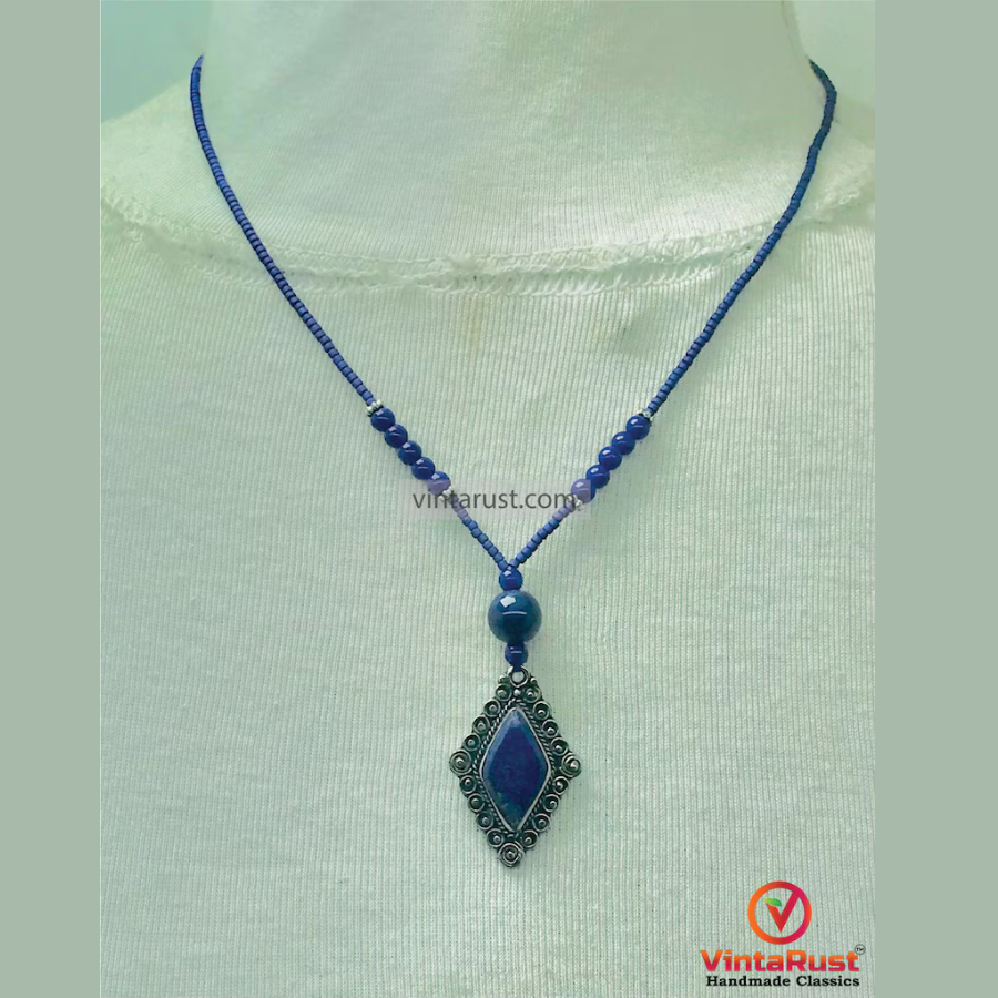 Handcrafted Lapis Lazuli Diamond Pendant Necklace