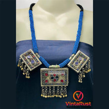Load image into Gallery viewer, Tribal Blue Beaded Necklace With Dangling Pendant
