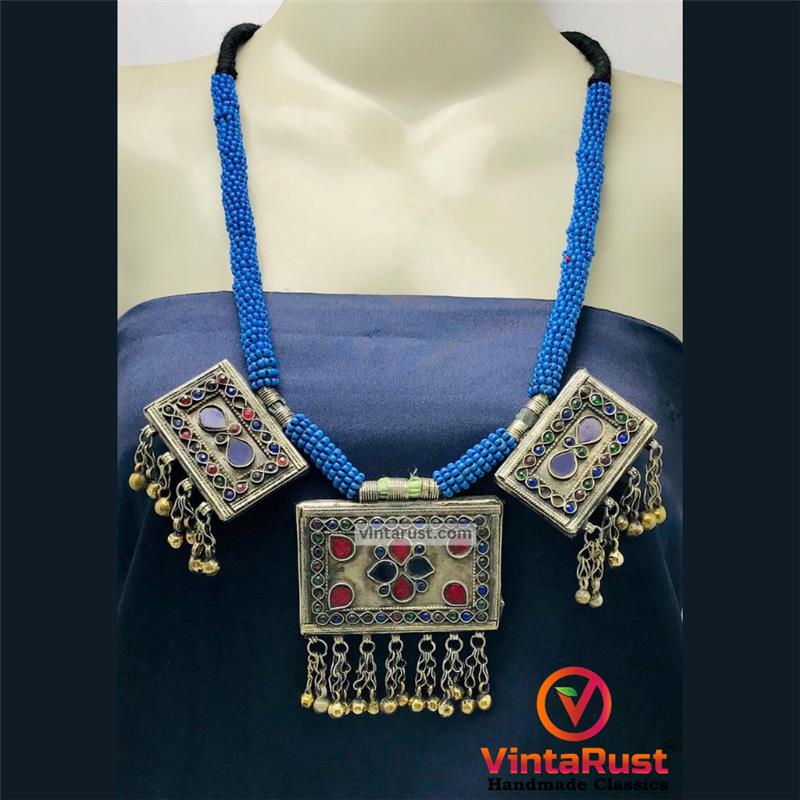 Tribal Blue Beaded Necklace With Dangling Pendant