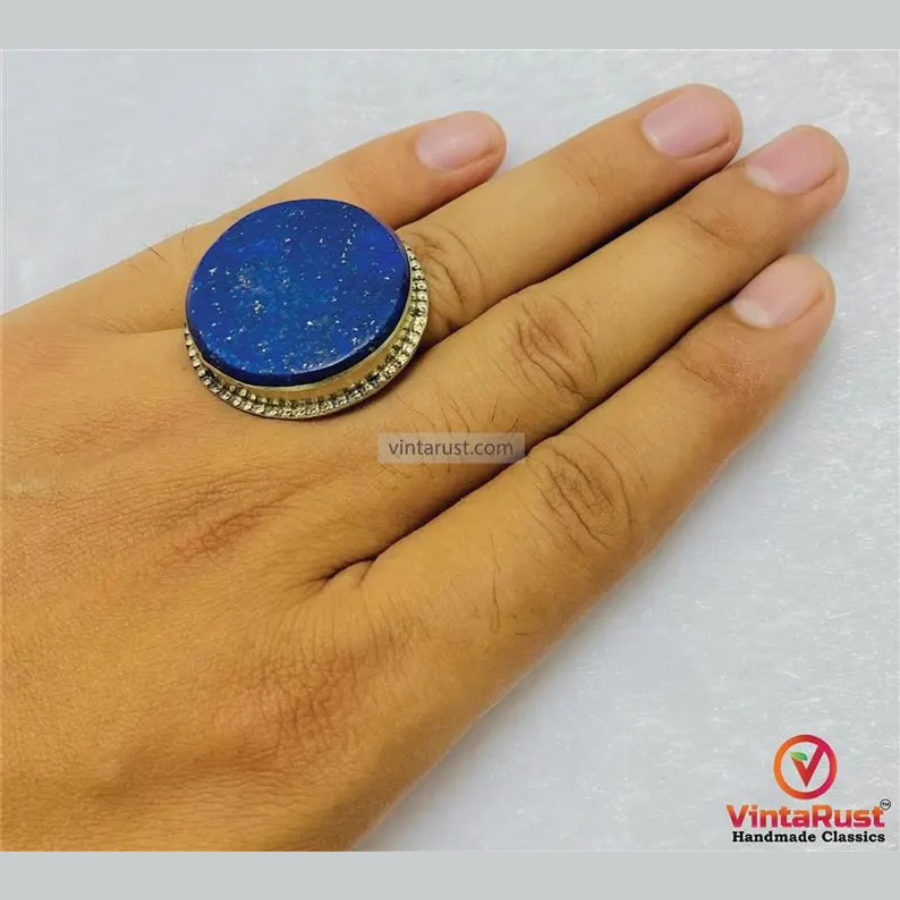 Round Lapis Lazuli Stone Ring Unisex Gemstone Ring For Gift