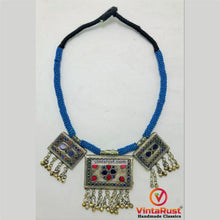 Load image into Gallery viewer, Tribal Blue Beaded Necklace With Dangling Pendant
