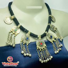 Load image into Gallery viewer, Black Beaded Necklace With Dangling Coins Pendants
