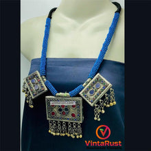 Load image into Gallery viewer, Tribal Blue Beaded Necklace With Dangling Pendant
