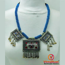 Load image into Gallery viewer, Tribal Blue Beaded Necklace With Dangling Pendant
