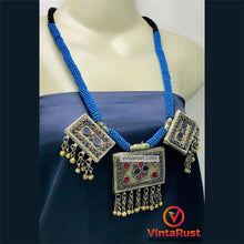 Load image into Gallery viewer, Tribal Blue Beaded Necklace With Dangling Pendant
