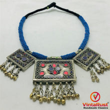 Load image into Gallery viewer, Tribal Blue Beaded Necklace With Dangling Pendant

