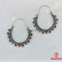 Load image into Gallery viewer, Vintage Oxidized Silver Hoop Earrings: Tribal Light Weight Hoop Earrings
