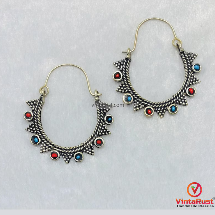 Vintage Oxidized Silver Hoop Earrings: Tribal Light Weight Hoop Earrings