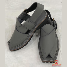 Load image into Gallery viewer, Classic Grey Leather Peshawari Chappal: Traditional &amp; Trendy Footwear Gift
